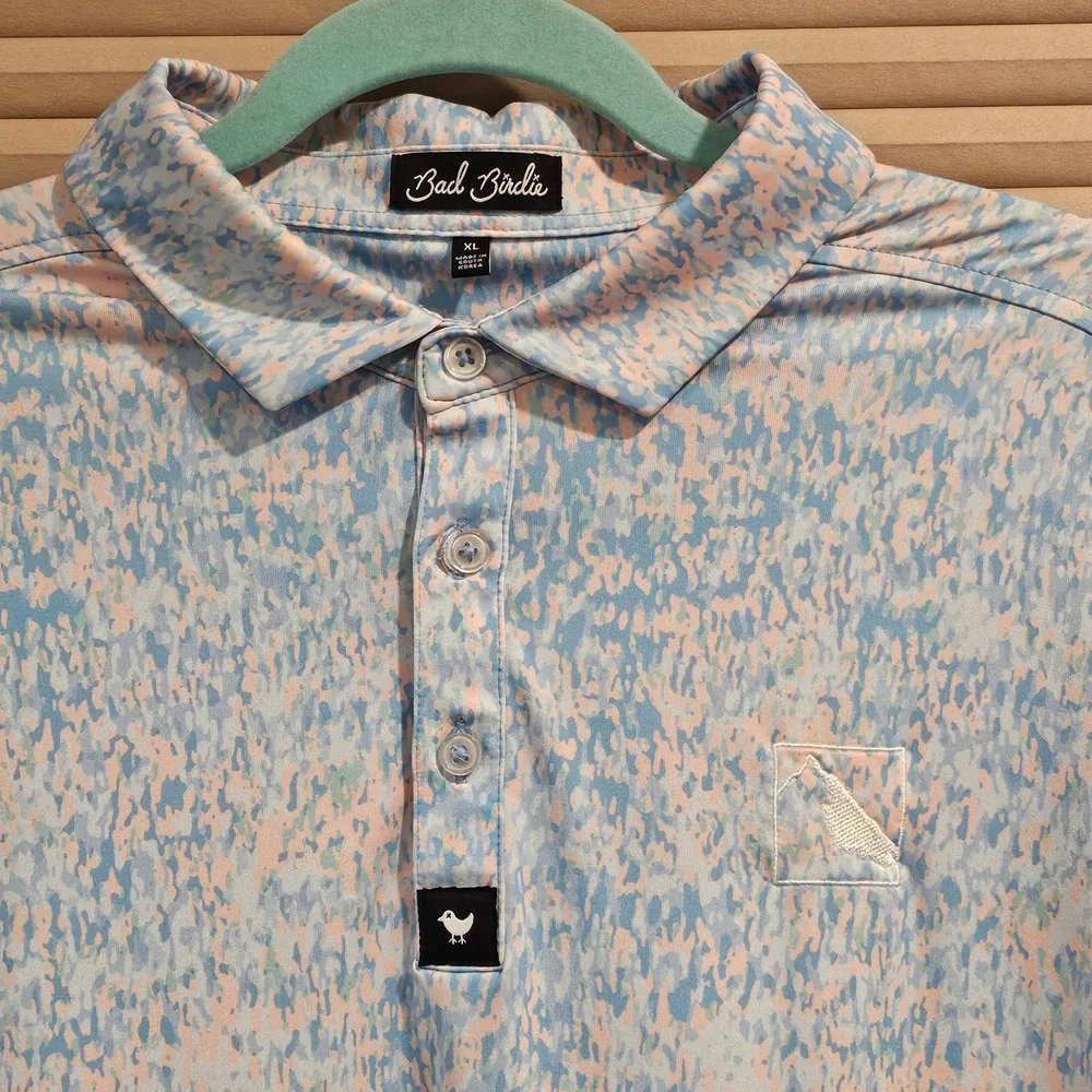 Bad Birdie‎ Mens XL Golf Polo Blue Peach Abstract Print Short Sleeve Performance